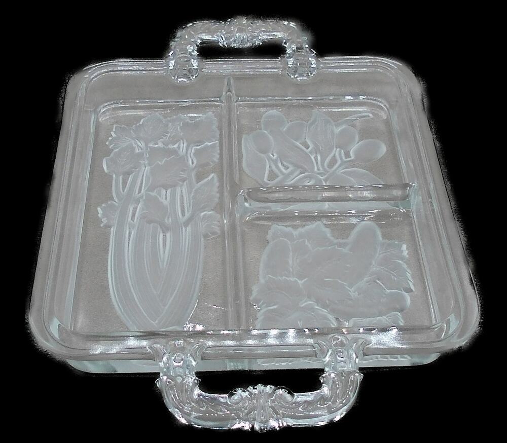Imperial Glass Ohio 3 Part Relish Intaglio 9" Square Vintage